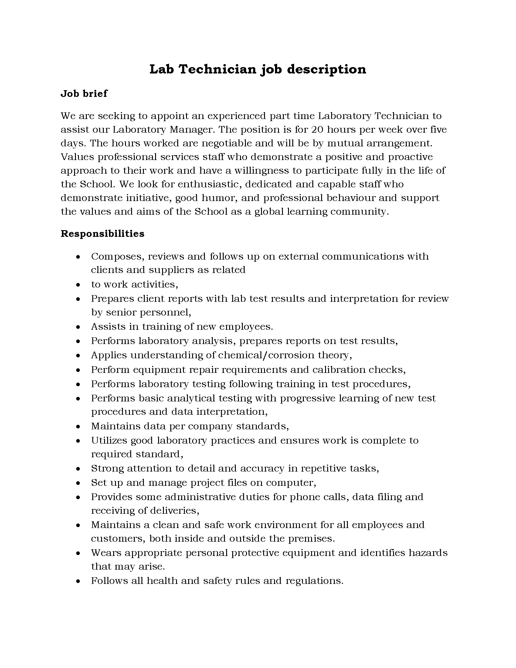 60-Lab Technician job description